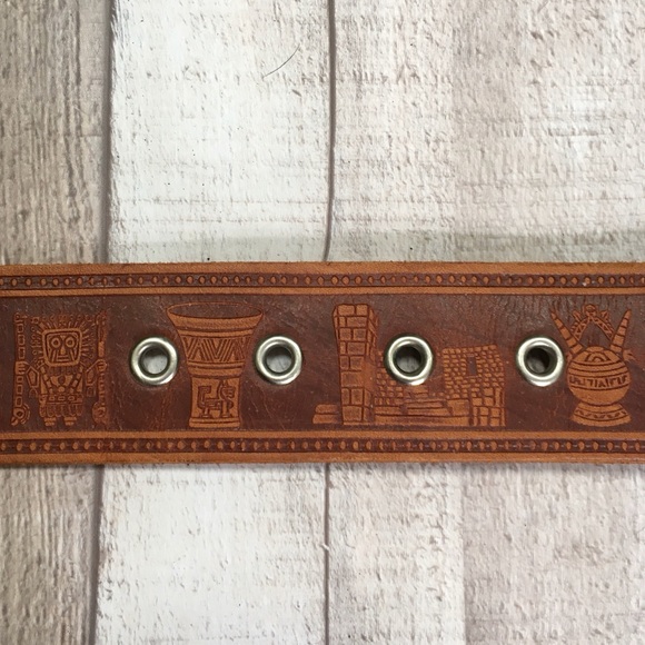 Vintage Wide Tooled Leather Belt w/ Incan Imagery - Picture 3 of 5